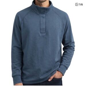 Free Fly Bamboo Fleece Pullover Sweatshirt Button Front Stand Collar Blue Large